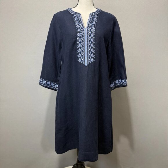 Chicos Dress Womens Sz 0 (4) Navy Blue 100% Linen Shift Sequin Bead Embroidered - Picture 1 of 9